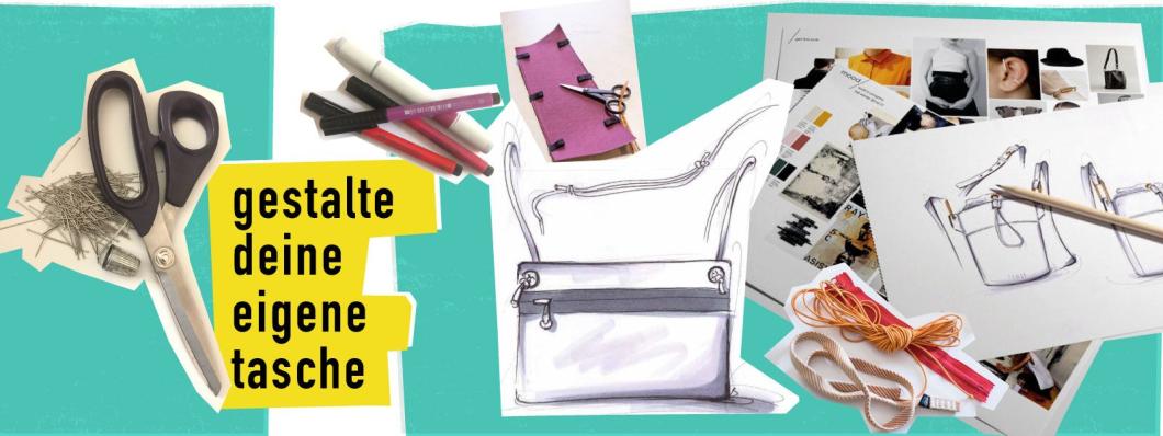 EIne Collage aus Zeichnungen und Fotos, die zeigen, wie eine Tasche designt wird.