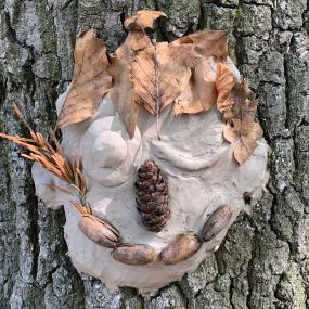 Ein Gesicht aus Ton an einem Baumstamm. Das Gesicht wurde mit Stöckern, Blättern und Blüten verziert. 