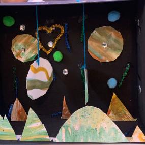 Das fertige Universum im Schuhkarton eines Mädchens aus der 2. klasse.