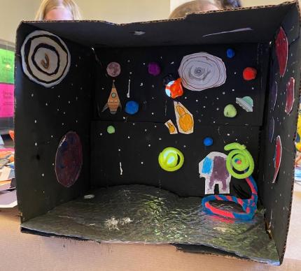 Ein fertiges Universum im Schuhkarton. Der Karton ist schwarz angemalt, die Planeten und Bewohner sind bunt. 